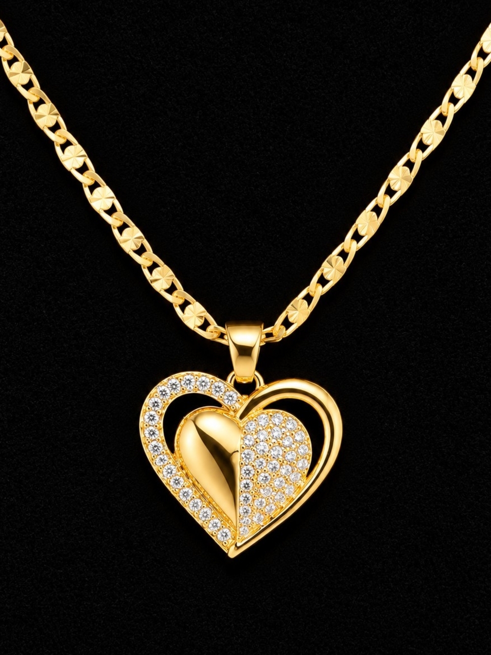 Gold Heart Pendant Necklace with Crystal Accents - Women Jewelry
